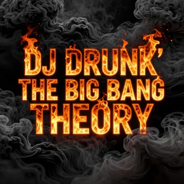 Trendy 2026 electronic music album cover. Background of cinematic, photorealistic rolling waves of thick black smoke and dark ash. Hyper-bold, wide contemporary font placed in the center on three lines: line 1 "DJ DRUNK'", line 2 "THE BIG BANG", line 3 "THEORY". Font mask design with a violent burning inferno and vivid orange fire trapped strictly inside the letters. Intense glowing embers and heat distortion. Dramatic contrast between the hot fire text and the surrounding heavy black smoke clouds. 8k resolution, professional EDM rave aesthetic --ar 1:1 --v 6.0 --style raw