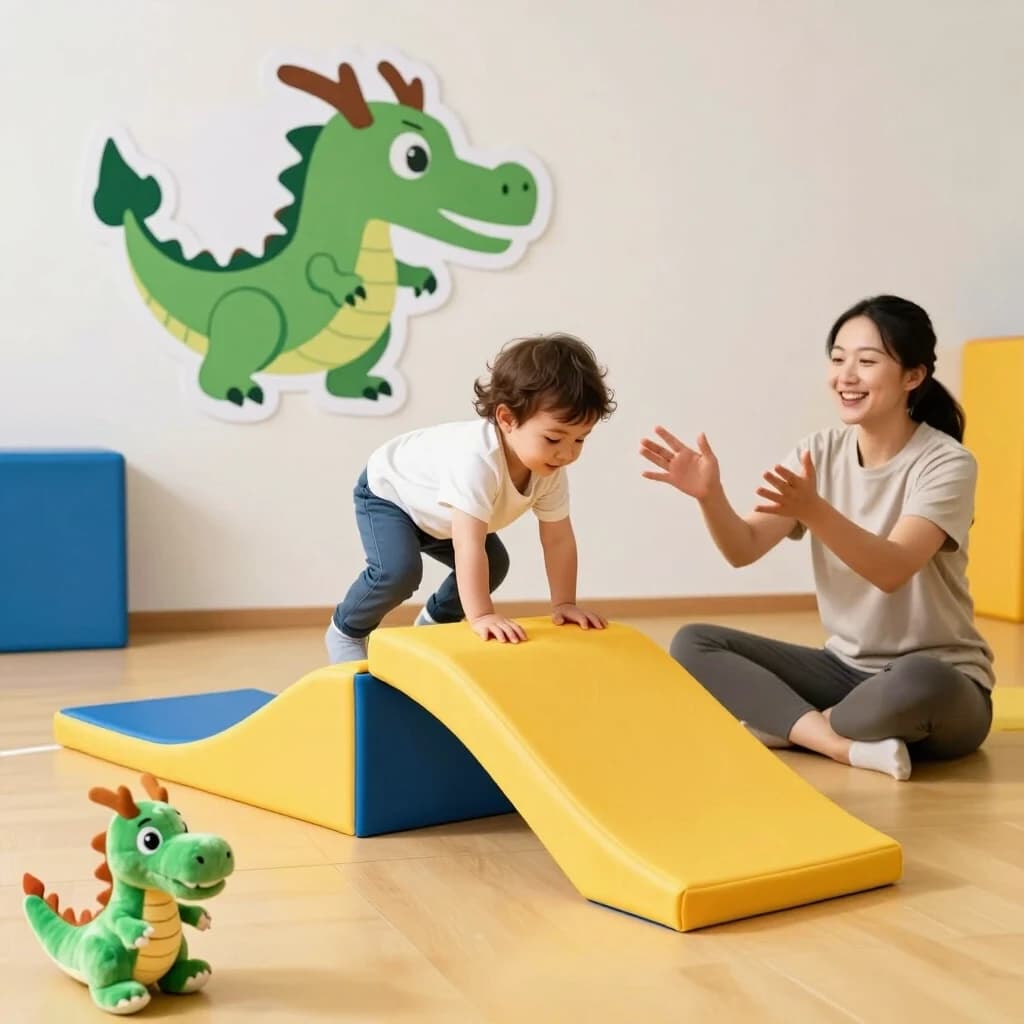 Cozy gym with soft foam blocks and ramps on the floor. A toddler (2 years old) is climbing over a foam balance beam, while a smiling mom sits nearby reaching out her hands. On the wall hangs a large green dragon – the club logo. In the foreground a plush dragon toy. Style – bright cartoon illustration, warm colors, friendly atmosphere.
