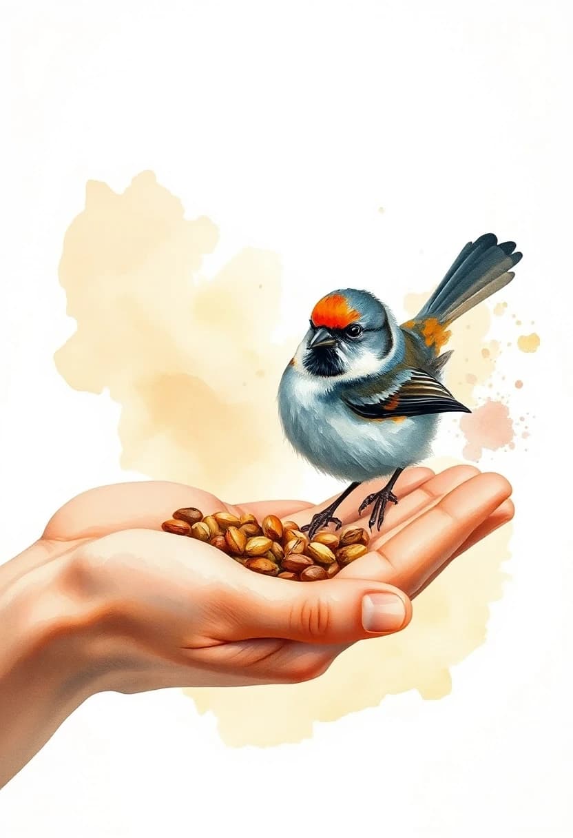 Delicate watercolor painting, a tiny wild bird eating seeds from a hand, soft water washes, gentle paint splashes, dreamy pastel tones, cozy and peaceful mood, high quality illustration, isolated on textured paper background --ar 3:4