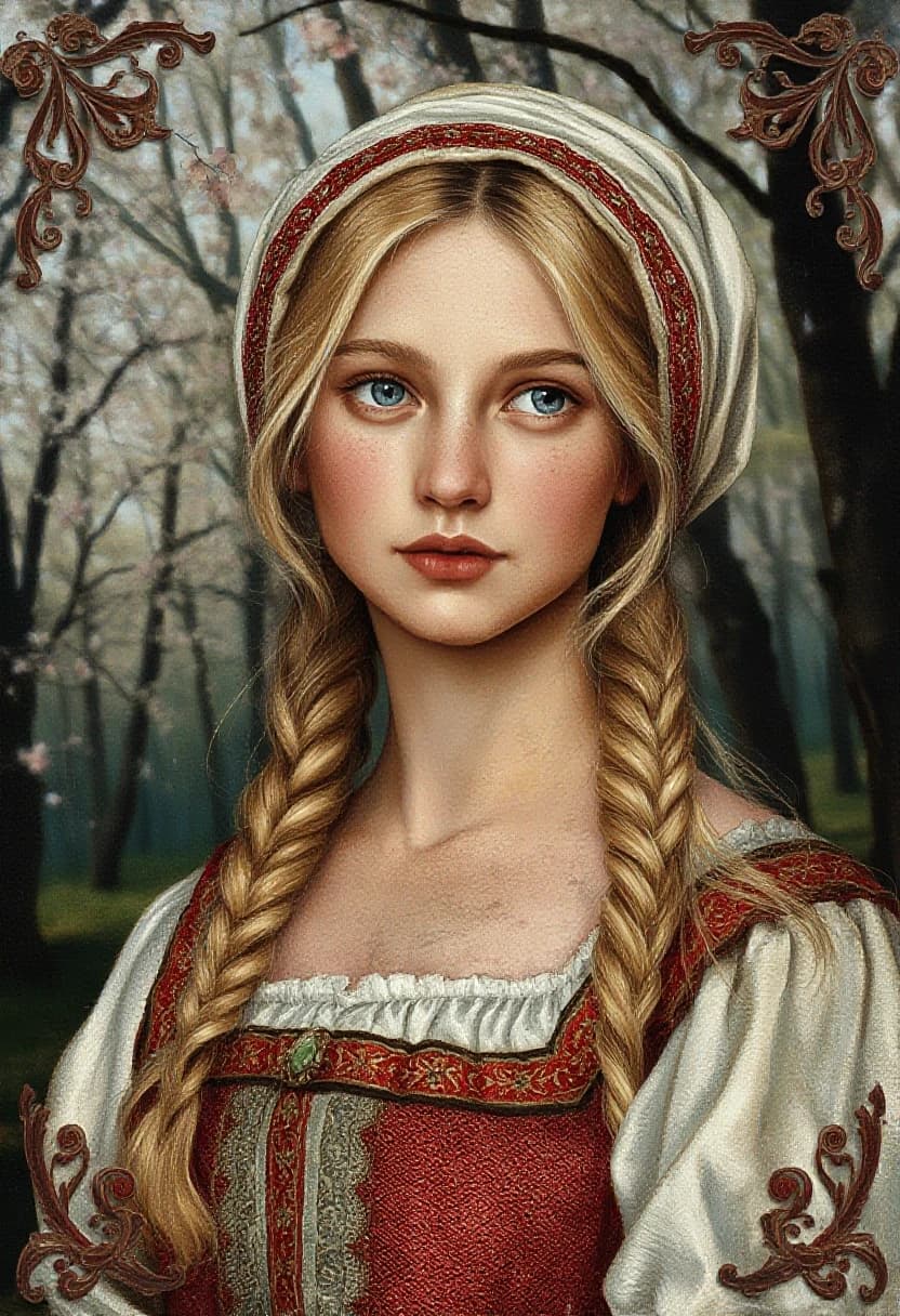 Russian Russians: A detailed portrait of a young woman of Slavic appearance from the 16th century in a traditional long Russian sundress and a traditional Russian cocoanut headdress, with blonde hair against the background of a spring blooming forest, in full growth. In the Glitter style: magical realism, natural symphony, shapes dissolve into color, lines flow like water, translucent layers with a watercolor texture, intricate ornaments at the corners of the composition.
High quality, 4k, octane, cinematic lighting, dramatic composition, eyes with increased detail, delicate skin texture, professional photography, depth of field, Leica camera, artstation trends, spectacular lighting, mystical atmosphere, detailed textures, volumetric lighting, works by Viktor Vasnetsov and Ivan Bilibin, gouache painting style, style Russian fairy tales, photorealism. An atmosphere of joy and serenity.
