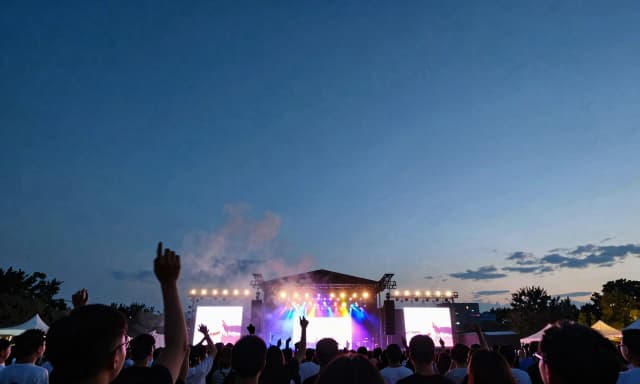 Create an ultra-realistic documentary-style photograph of an outdoor live music concert, horizontal A5 landscape format (1.48:1), designed as a clean background for a concert flyer.
The camera is positioned slightly above the audience, looking toward the stage from behind the crowd with a gentle downward angle.
The audience occupies only the lower quarter of the image. In the foreground, only people's heads, shoulders, and upper backs are visible. A few people have one arm raised in celebration, but the raised hands occupy only a small portion of the frame and do not significantly block the sky.
Visible stage trusses, concert lighting, subtle LED glow, and realistic stage illumination are acceptable.
The upper three quarters of the image are dominated by a dramatic evening sky during blue hour or shortly after sunset, transitioning into a deep night sky. The center of the sky is clean and uncluttered, providing a large area of negative space. Along the far left and right edges there may be a small amount of softly illuminated clouds, silhouettes of trees, or minimal urban architecture, but these elements remain close to the borders and never interfere with the central sky.
Atmospheric concert lighting includes colorful stage lights, volumetric beams, subtle haze, and colored concert smoke drifting above the stage. The lighting should create depth while preserving the sky.
Natural, authentic concert atmosphere with realistic colors, premium editorial event photography, high dynamic range, crisp details, and cinematic quality. No performers visible. No close-up faces. No text. No logos. No watermarks. No banners. No advertising screens. Preserve approximately 70–75% of the image as clean sky suitable for placing poster text later.