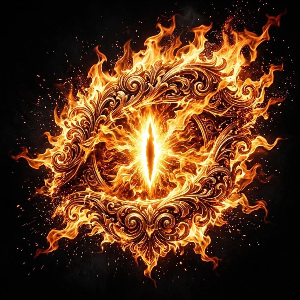 The Fiery Eye
The picture shows flames in the shape of a dragon's pupil dancing on a black background. They resemble an explosion of energy, glowing in bright yellow and orange hues. The fire looks dynamic due to the wavy lines that create a sense of movement. There is a bright light source in the center, around which energy is radiating. (Style): art design, rococo, Baroque, close-up. The inner light. High quality, 4k resolution, intricate details