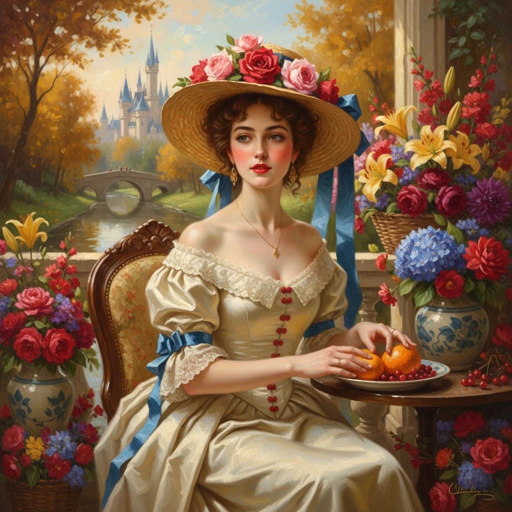 Portrait of a young woman on a sunlit 19th‑century balcony, wearing a wide‑brimmed straw hat adorned with roses and ribbon, porcelain skin with rosy cheeks and red lips, delicate gold necklace and drop earrings, a creamy silk off‑shoulder gown with lace trim and puffed sleeves, a blue satin ribbon with red bud buttons down the fitted bodice, seated on an ornate wooden chair surrounded by overflowing vases and baskets of vibrant flowers, oranges and berries, hands gently arranging fruit on a plate, a serene canal with an arched stone bridge and distant fairytale castle towers framed by autumnal trees in the soft background, warm golden‑hour light, romantic painterly oil style, rich textured brushwork, high detail on skin, fabric and flowers, cinematic depth of field, lush saturated color palette, soft ambient bokeh, elegant vintage atmosphere.