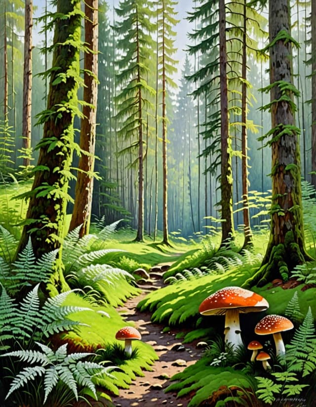A masterpiece. Creating an image. Style - oil painting. ((A secluded forest glade among ferns, mushrooms and moss:1.6)). High resolution. High detail and clear texture. Close-up. High quality. Increased attention to small details. The aspect ratio is 3:4. The artists are Levitan, Shishkin.