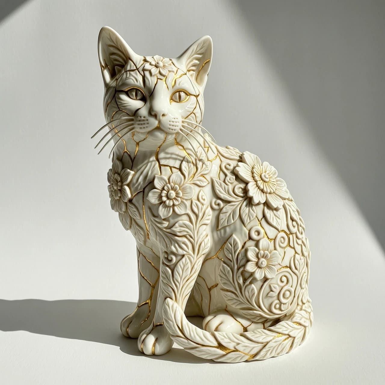 Digital image in Baroque and rocaille style with elements of kintsugi technique. Close-up. (Decorative sculpture made of white porcelain: 1.5). Golden cracks. Volume. The Persian cat. Glossy, porcelain, shiny. The cat's head and body are decorated with gorgeous embossed flowers. (Perfect white porcelain (1.5 ). Exquisite carvings that convey the fur, whiskers and tail of a seated cat. The edges of the leaves and the patterns are decorated with intricate carvings. Thin twigs, delicate flowers and leaves. Lots of fine gold veins. Intricate weaves, swirls, almost psychedelic ornaments. An amazing, mesmerizing sight: the glow. Luminescence. The background is white, with shadows and spectacular lighting. Style: rococo, surrealism, fairy tale, fantasy. Dynamic and expressive. Subtle patterns. Stylization, intricate decorative molding, surrealism, modernism. In the manner of Andrew Jones, Lorenzo Bernini. High quality.