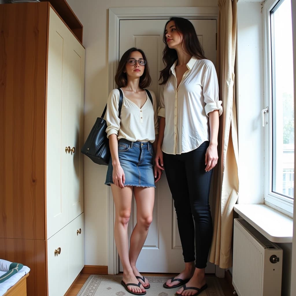 A vertical shot taken with a mobile phone camera: two friends are standing by the door in an ordinary Moscow apartment. Both of them are considered tall, and that’s the whole point — a tall woman with someone much taller.

On the left is Oksana, 32 years old, 190 cm tall: a relaxed pose, a slight smile, as if she’s capturing the moment for memory. She’s wearing a light top, a denim skirt, and open‑toed shoes; she has a handbag in her hand and glasses on her nose. Her gaze is directed at the camera, and her expression conveys a hint of surprised admiration. she is aware of the contrast and feels her growth in a new way for the first time.

On the right is Irina, 225 cm: . She's wearing a light blouse, leggings, flip-flops. Her gigantic height is immediately striking: she almost rests her head on the top edge of the frame, she is much taller than the door, and her shoulders occupy a significant part of the space.

The interior is typical for a Moscow apartment: a closet next to the door, a carpet with a discreet pattern on the floor; . Lighting — daylight from the window: ,

The main thing is to clearly show the difference in height: Irina is 35 cm taller than Oksana, and this isn’t a special effect — emphasize the difference in their heights.