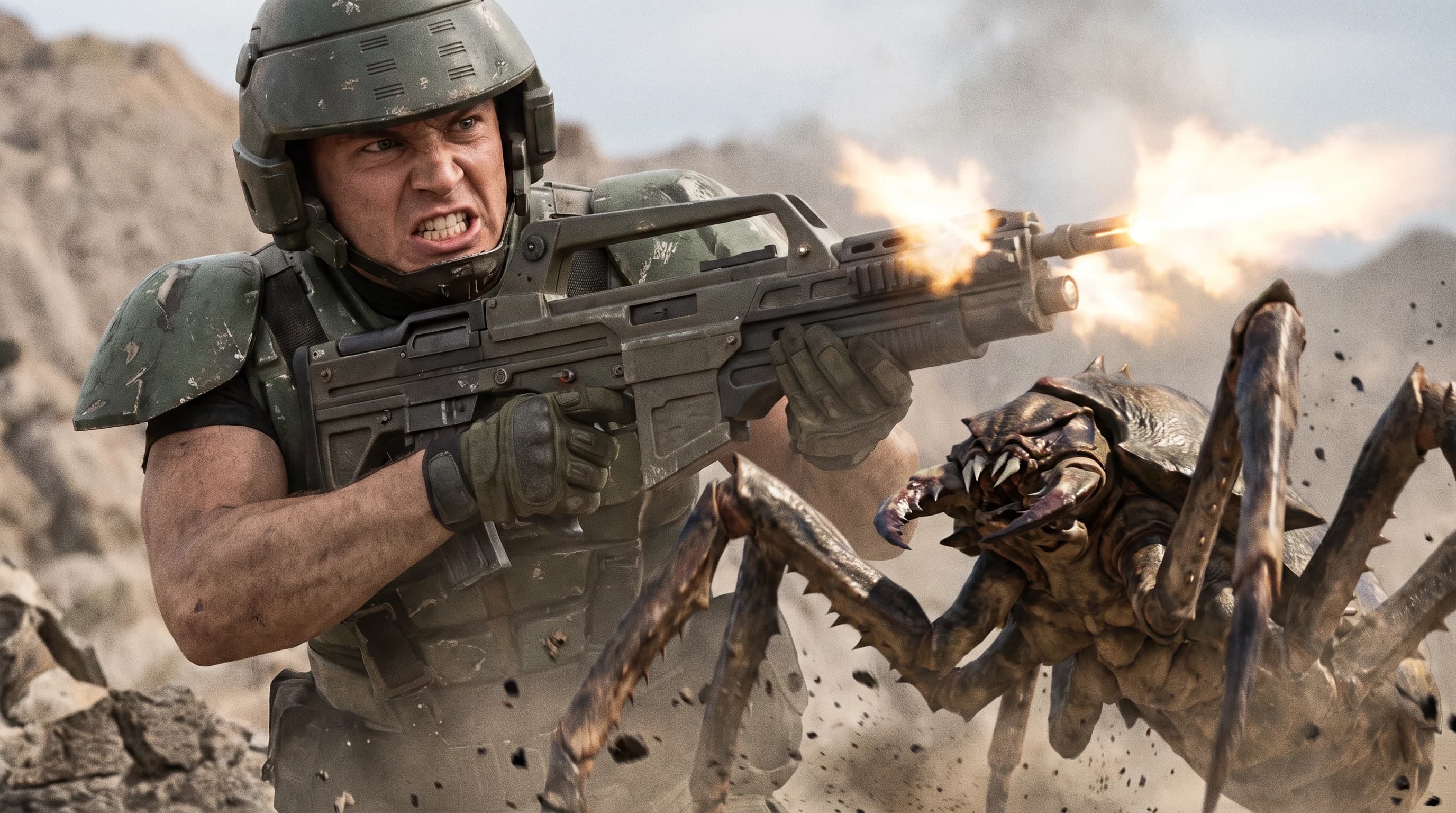 Звёздный Десант (фильм), Starship Troopers, мобильный пехотинец в боевой стойке с штурмовой винтовкой, злой взгляд, стрельба, схватка с большим жуком, стиль аниме с реалистичными деталями, шедевр, крупный план