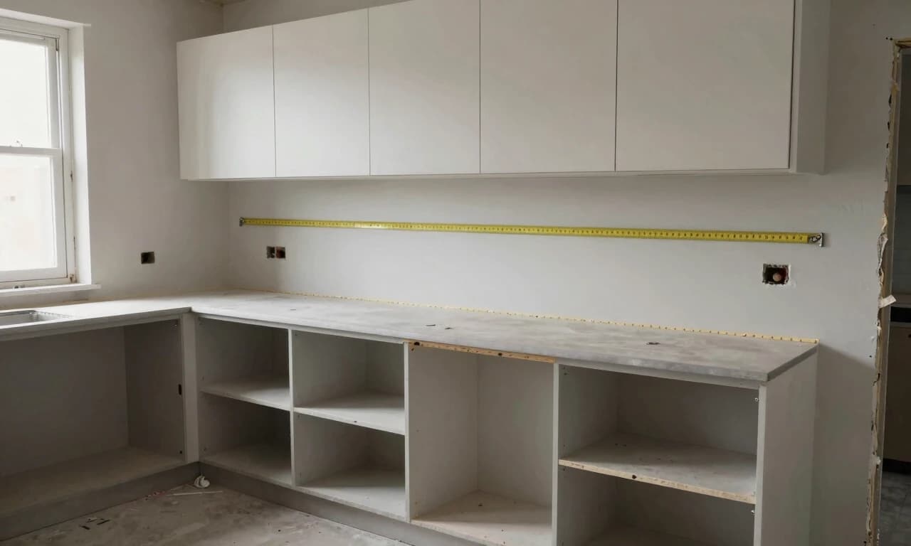 photo of a kitchen renovation in progress, measuring tape stretched along the back wall where lower cabinets will be installed, empty shell of a kitchen with no appliances, visible gap between wall and cabinet frame, depth markings on a wooden stud, realistic unfurnished room, soft natural daylight from window, no people, no hands, no text on image, 8k --ar 16:9 --style raw