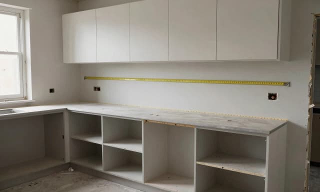 photo of a kitchen renovation in progress, measuring tape stretched along the back wall where lower cabinets will be installed, empty shell of a kitchen with no appliances, visible gap between wall and cabinet frame, depth markings on a wooden stud, realistic unfurnished room, soft natural daylight from window, no people, no hands, no text on image, 8k --ar 16:9 --style raw