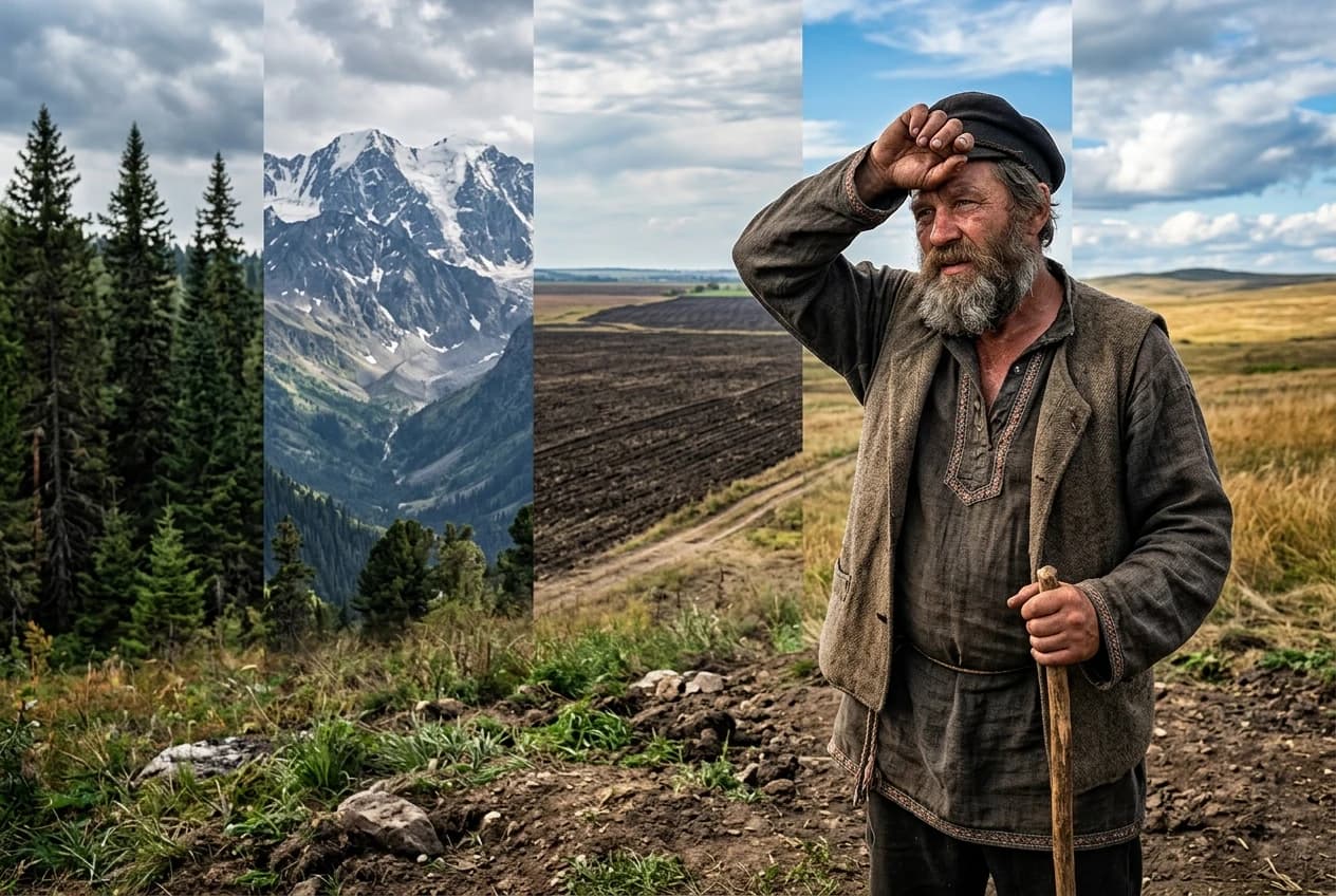 В фотореалистичном стиле. На переднем плане в правой части изображения виден русский взрослый мужчина среднего возраста с бородой, в старинной крестьянской русской одежде. Вытирает рукой лоб. На заднем плане вертикальными полосами видны разные природные ландшафты - тайга, горы, пашня в равнинной местности, степь. Все указанные ландшафты видны с одного ракурса - как бы от главного героя, от земли. Никаких видов сверху и панорам. Ландшафты будто переходят один в другой.