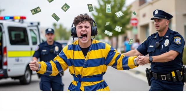 A deranged teenager in a yellow and blue straitjacket screams into an audio headset while paramedics lead him by the arms, dollars flying in the air,