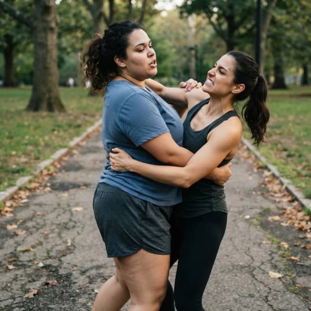 The picture depicts a struggle between two women, the lighter one on the right and the heavier one on the left. The lighter woman has seized the initiative and is squeezing the larger woman's waist, who exhales sharply as her waist and chest are squeezed. The woman on the right is clenching her teeth and throwing her head back in tension. The lighter woman is trying to turn the tide of the fight by using her agility against her heavier opponent.