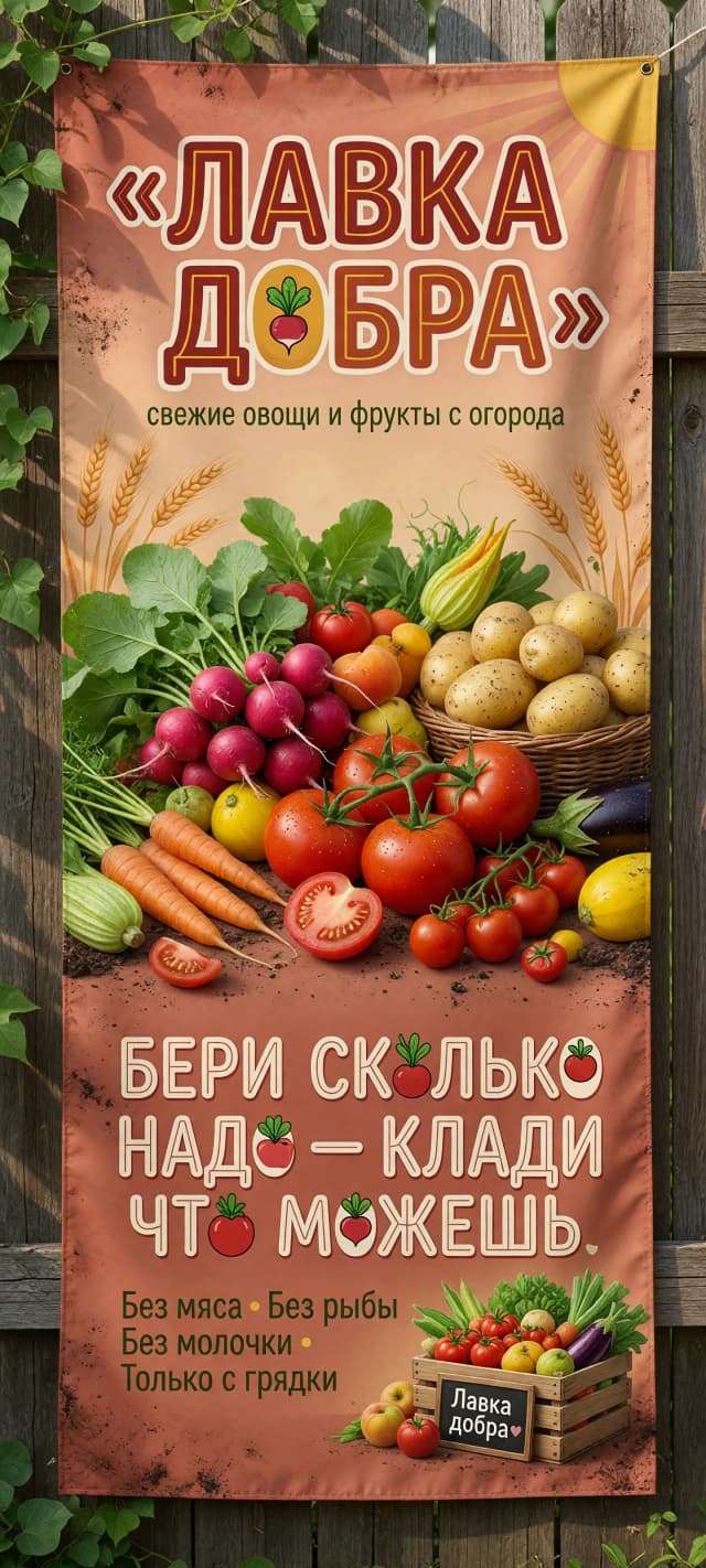 Макет баннера «Лавка добра» длина 2 метра, ширина 0.5 метра, в теплых тонах с летними овощами с огорода — картофелем, редисом и томатом .
-свежие овощи и фрукты
-без мяса, рыбы, молочки
-бери сколько надо - клади что можешь
