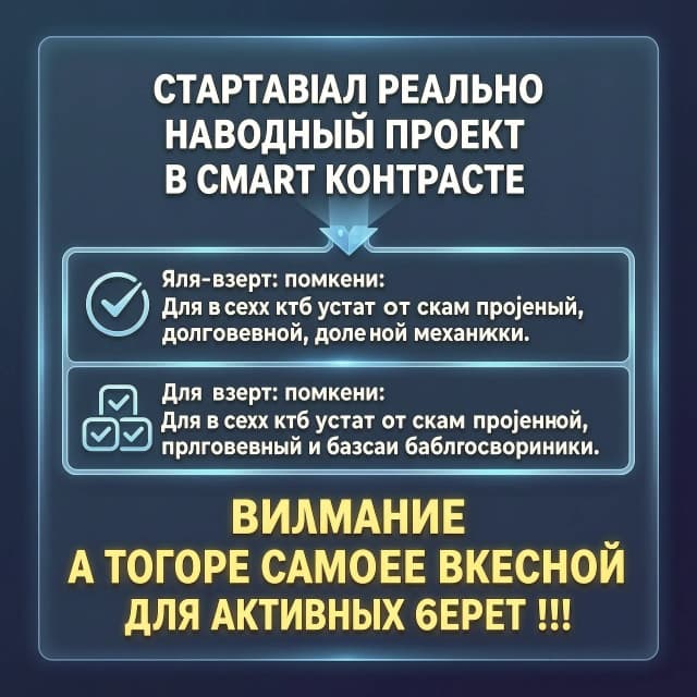 Стартовал реально народный проект на смарт контракте с абсолютно продуманной, долговечной механикой.
Для всех кто устал от скам проектов и баблосборников.
Внимание а теперь самое вкусное для активных ребят !!!