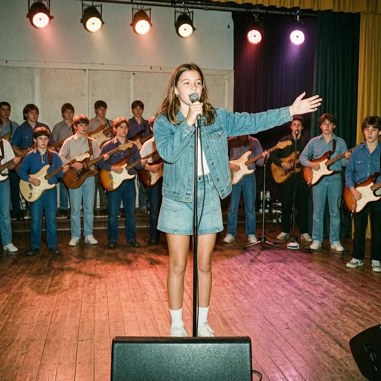 Фотография ребёнка в стилистике 80-ых годов. Девочка, 14 лет, в школе на сцене поёт