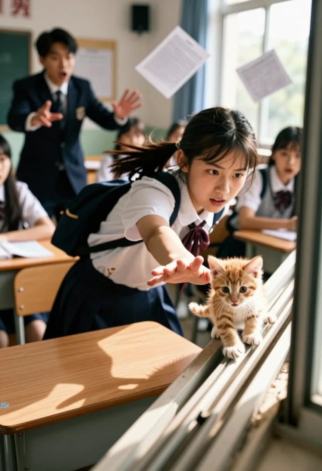 Photorealistic dynamic shot, Dutch angle (tilted camera) to convey chaos and urgency. The scene is inside a classroom mid-lesson: the teacher is mid-sentence, gesturing dramatically, while the focus is on the rebel girl who’s in motion — she’s lunging across the aisle between desks, her hand outstretched. Her face is intense and determined, eyes locked on a tiny ginger kitten that’s precariously balanced on the edge of an open window ledge. The kitten’s fur is fluffed up in panic, its tiny claws scrabbling for grip. The girl’s uniform is slightly disheveled — a strap of her backpack is slipping off one shoulder, her hair is coming loose from its ponytail. The background is a blur of startled classmates, flying papers, and a knocked-over chair, all rendered with motion blur to emphasize the speed of the moment. The lighting is natural, from the window, creating strong highlights on the girl’s arm and the kitten’s fur. Sharp focus on the girl’s hand reaching for the kitten, the kitten’s face, and the girl’s determined expression. 8K, high dynamic range, realistic textures of wood, fabric, and fur. Mood: adrenaline, heroism, rebellion with a heart.