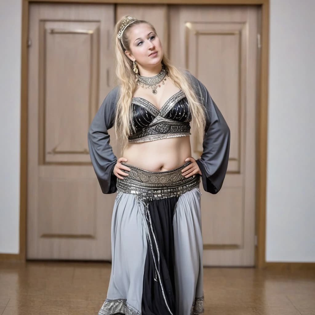 front view chubby belly dancer thirty years woman in black and grey and white costume blonde long ponytail hair stand in hall