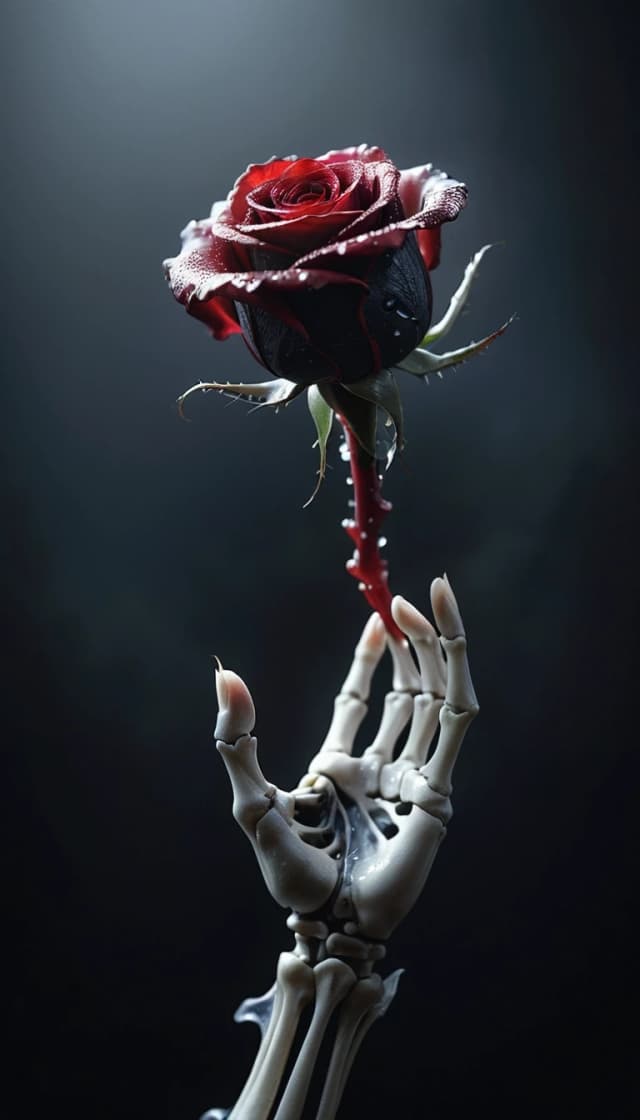 Masterpiece. best quality. Epic. cinematic. Award winning. Ultra detailed. dramatic. attention-grabbing. challenge winning. A skeletal hand delicately holds a single, perfect crimson rose, its petals glistening with dew. The background is a deep, velvety black, with subtle hints of ethereal light catching the bone. This image captures a moment of fragile beauty amidst decay, rendered in a stark, painterly style with strong chiaroscuro to emphasize the contrast between life and death, leaning into surrealism.