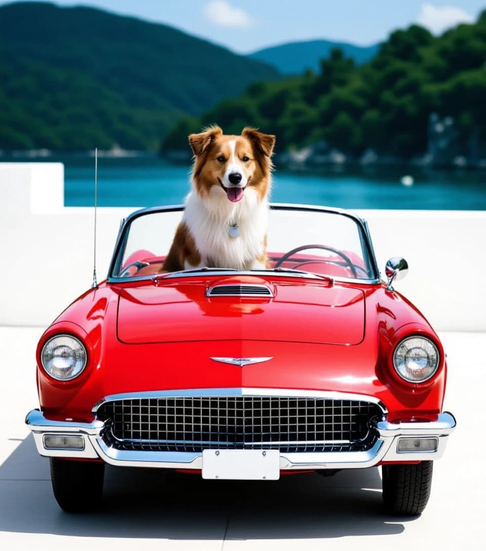 A professional photo against a pristine white background. A dog sits behind the wheel of a small red convertible.