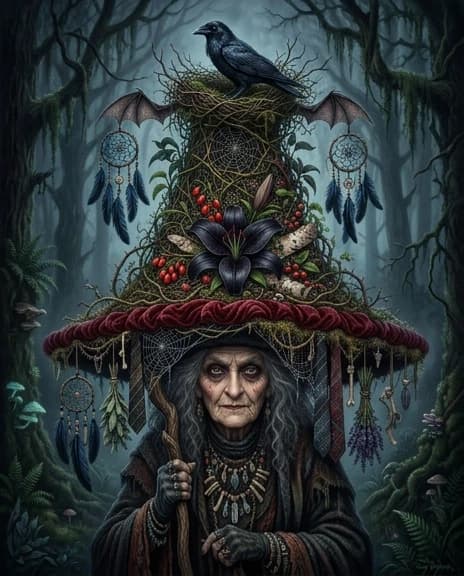 Portrait of an ancient witch in the style of Gothic surrealism by Tim Burton, where the center of the composition is a grandiose pyramidal hat dominating the heroine's face. The multi-tiered frame of the headdress is woven from the finest vines, spider web patterns and climbing tropical plants, creating the impression of a living organism. 
A large black lily bloomed in the middle part of the hat, surrounded by bright berries of birch bark and wolf berries. Miniature dreamcatchers made of blue-black feathers, bunches of dried herbs and graceful bat wings hang symmetrically along the edges. At the top is a raven, perched in a nest of flexible twigs.
The wide brim of the hat is decorated with a strip of gathered scarlet velvet and a natural composition: interlacing patterned ties, a rigid web of cobwebs and dried herbs create a harmonious asymmetry. All this splendor is illuminated by the soft twilight light of the mysterious forest, where every element is worked out with the highest detail.
Technique of execution: highly detailed digital image with elements of realism and Gothic glamour, where every component of the composition — from feathers to berries — demonstrates impeccable craftsmanship.