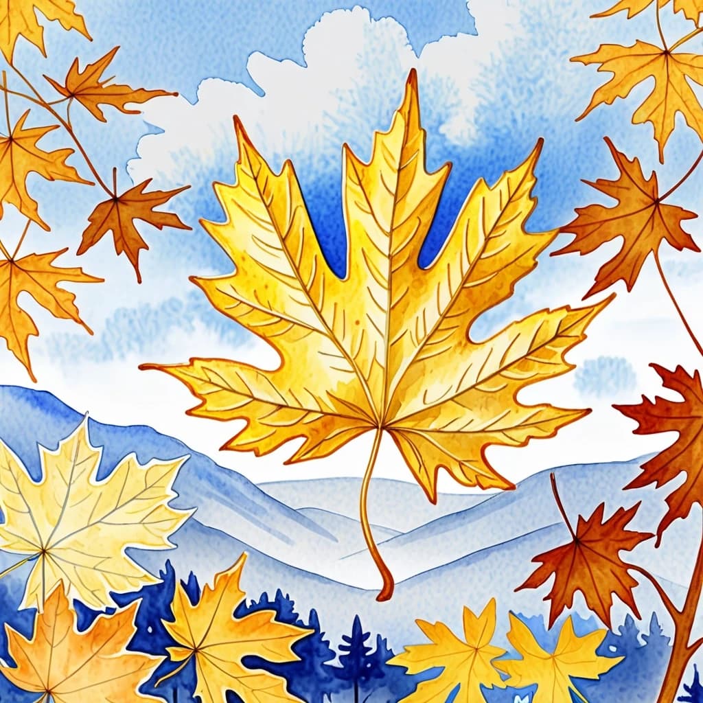 A masterpiece. Creating an image. The style is watercolor painting. Delicate watercolor on raw, on paper.((A yellow maple leaf and a white chrysanthemum flower are depicted against the background of an autumn landscape and a blue sky:1.6)). High resolution. High detail and clear texture. Intense close-up. High quality. Increased attention to small details. The aspect ratio is 3:4. The artists are Levitan, Shishkin.