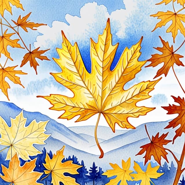 A masterpiece. Creating an image. The style is watercolor painting. Delicate watercolor on raw, on paper.((A yellow maple leaf and a white chrysanthemum flower are depicted against the background of an autumn landscape and a blue sky:1.6)). High resolution. High detail and clear texture. Intense close-up. High quality. Increased attention to small details. The aspect ratio is 3:4. The artists are Levitan, Shishkin.