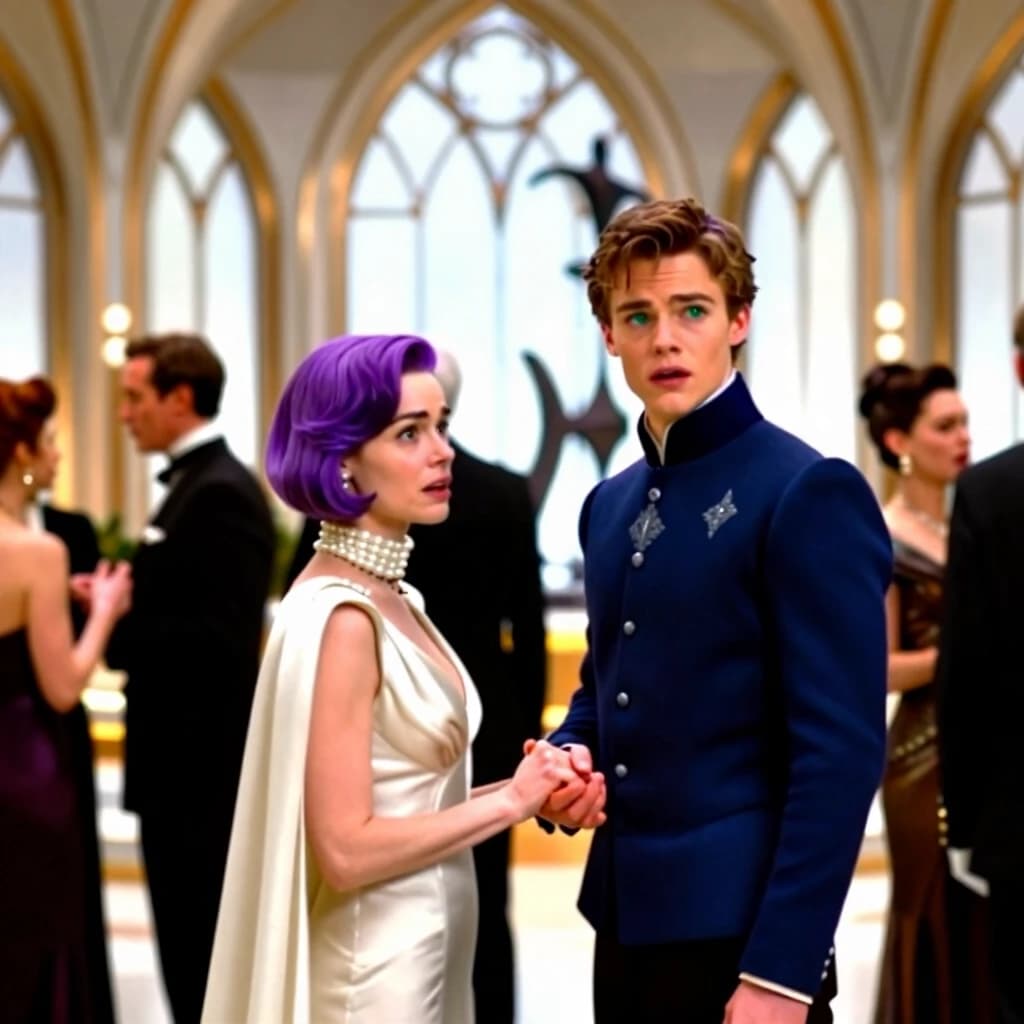 Cinematic film still, live-action movie shot. A handsome young 24-year-old green-eyed male and a beautiful young woman with short stylish purple hair, undercover as an aristocratic Alderaan married couple at a luxury gala on the planet Serenno. The man is wearing a formal midnight-blue structured aristocratic tunic with a high mandarin collar and subtle silver embroidery. The woman is wearing an elegant pearl-white high-collar silk evening gown with a flowing cape from her shoulders. They are holding hands, looking slightly embarrassed but trying to maintain noble posture. In the background, a luxurious futuristic ballroom with high arches, gothic sci-fi windows, and wealthy galactic politicians talking. Rich ambient lighting, photorealistic, shot on 35mm lens, high detailed.