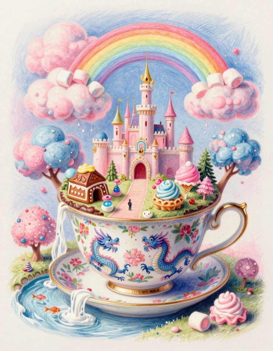 fairy tale, powerful artistic vision of{(masterpiece), (best quality), (ultra-detailed).Fantastic and whimsical illustration:(A miniature fantasy village (inside an elegant porcelain tea cup) in traditional Chinese style with blue dragons and floral pattern, (made of chocolate:1.8), (among soft cotton candy-like clouds:1.3) which are coloured in pink, orange and blue tones),  multicolored rainbows made of sweet marshmallows. A fairy castle made of different sweets: (gingerbread:1.6), (colourful lollipops:1.6), (marmalade:1.4), (ice cream:1.5 ) and (waffles:1.3)). A path, a small pond with fish swimming in it, fountains. This adds to the serenity of the landscape, (trees of ices on a stick) with pastel pink and blue foliage, creating a (fairy-tale atmosphere:1.5). (Milk and sour waterfalls:1.2) cascading down from the foot of the island create the impression of a magical place. The overall style of the image is soft and painterly, with an emphasis on (pastel colours and whimsical details:1.4), evoking a sense of wonder and enchantment. All wishes come true here, and every day is full of adventure. (In the surrealist manner of Niccoletta Ceccoli and pencil drawings by Anastasia Lavru:1.5)} . magical, fantastical, enchanting, storybook style, highly detailed, breathtaking masterpiece made by great artist. best quality, high resolution