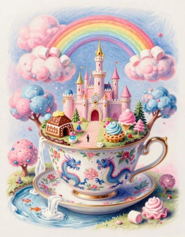 fairy tale, powerful artistic vision of{(masterpiece), (best quality), (ultra-detailed).Fantastic and whimsical illustration:(A miniature fantasy village (inside an elegant porcelain tea cup) in traditional Chinese style with blue dragons and floral pattern, (made of chocolate:1.8), (among soft cotton candy-like clouds:1.3) which are coloured in pink, orange and blue tones),  multicolored rainbows made of sweet marshmallows. A fairy castle made of different sweets: (gingerbread:1.6), (colourful lollipops:1.6), (marmalade:1.4), (ice cream:1.5 ) and (waffles:1.3)). A path, a small pond with fish swimming in it, fountains. This adds to the serenity of the landscape, (trees of ices on a stick) with pastel pink and blue foliage, creating a (fairy-tale atmosphere:1.5). (Milk and sour waterfalls:1.2) cascading down from the foot of the island create the impression of a magical place. The overall style of the image is soft and painterly, with an emphasis on (pastel colours and whimsical details:1.4), evoking a sense of wonder and enchantment. All wishes come true here, and every day is full of adventure. (In the surrealist manner of Niccoletta Ceccoli and pencil drawings by Anastasia Lavru:1.5)} . magical, fantastical, enchanting, storybook style, highly detailed, breathtaking masterpiece made by great artist. best quality, high resolution
