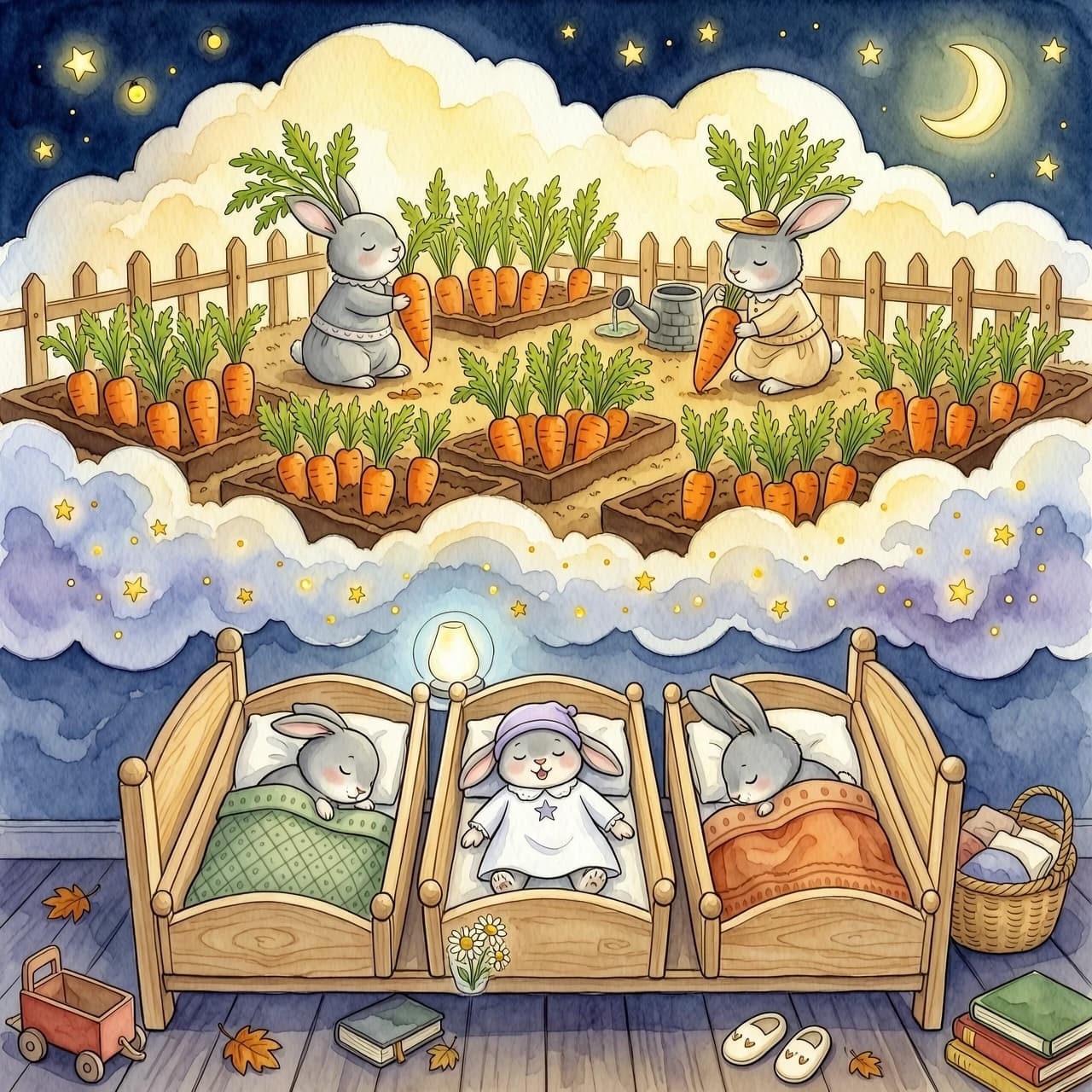 Иллюстрация к детской книге, техника многослойной акварели на фактурной бумаге яичная скорлупа. На переднем плане маленькие серые зайчата спят в кроватках. Над ними  туман, визуализирующий их сны. Внутри облака сна залитые солнечным светом грядки с ярко-оранжевой морковью. Маленькие зайчата  дергают за ботву  морковку. Настроение волшебное, безмятежное и детское. Сказочный ночной покой, дух советских диафильмов, работы Чижикова, детальная проработка теней. Без текста, 4K.