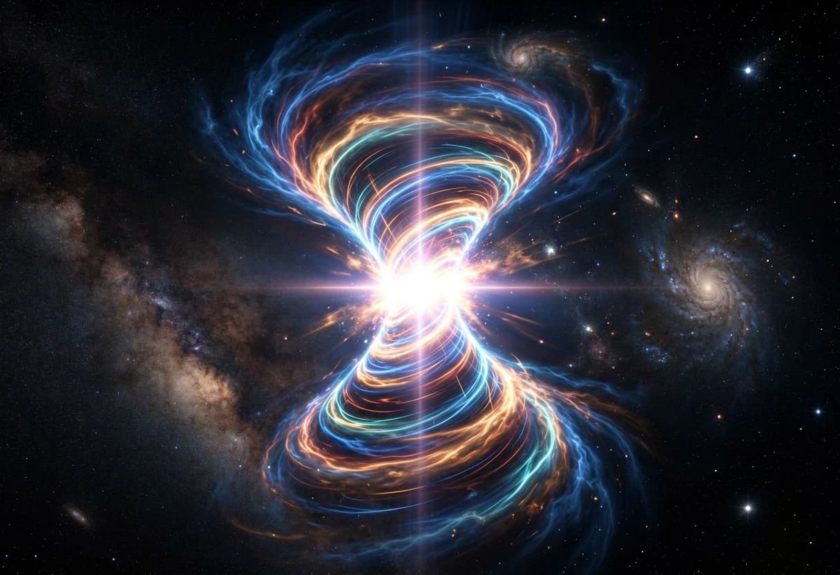 "A massive galactic quantum spiral shaped like an hourglass, consisting of two gigantic rotating energy funnels that taper and meet at the exact center. A blinding quantum flash explosion occurs at the convergence point where the funnels touch. Side view emphasizing the 3D volumetric structure and depth. The image highlights the boundless vastness of space with countless shimmering stars in the deep black background. Cinematic lighting, photorealistic, 8k resolution, epic scale, glowing energy filaments.