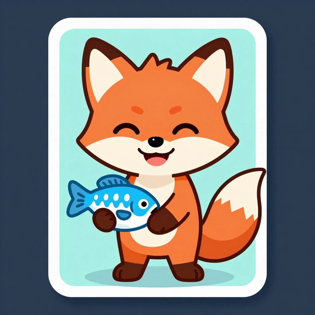 NFT character card. A fox with a fish in its paws, cheerful