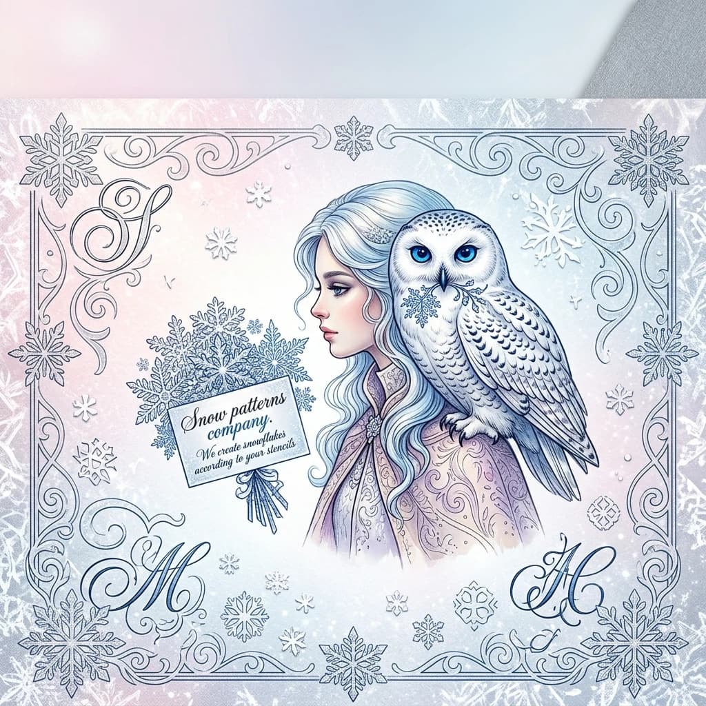 ((Business card, size 90 by 50 mm)) (Background of the paper): pinkish‑white, blue‑white, silver‑white, silver‑pearl, (with a winter ornament, spirals, vignettes and monograms from the Latin alphabet in the form of openwork snowflakes). (In the centre of the business card is a profile of a young lady with a polar owl on her shoulder. (Polar owl): it has expressive sapphire‑coloured eyes.  She holds a bouquet of snowflakes in her beak. There is a business card inside the bouquet). (the business card is decorated in calligraphic font) "Snow patterns company
We create snowflakes according to your stencils" ((The business card is decorated with a print in the shape of a snowflake and a patterned stencil, paper made of crystals of small snowflakes, patterned stencils)). (Colors): white, icy, silvery‑white, silvery‑black, silvery‑blue, all shades of blue, light blue, pink, lilac, beige, silvery, silvery‑platinum, icy‑sapphire, bluish‑blue, violet. (Style):art fantasy, magical realism, shabby chic, poster, advertising, winter, art design, retro design, business card made of snowflake crystals, romance, close‑up, double exposure, high quality, gradient, elegance, outline, pen stroke, calligraphic handwriting, envelope, secret writing, magic. Inner light. High quality, 4K, complex details.