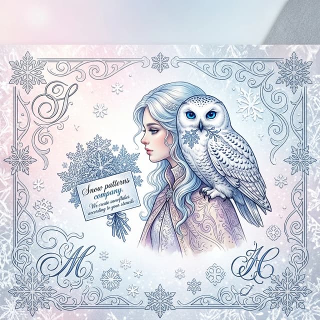 ((Business card, size 90 by 50 mm)) (Background of the paper): pinkish‑white, blue‑white, silver‑white, silver‑pearl, (with a winter ornament, spirals, vignettes and monograms from the Latin alphabet in the form of openwork snowflakes). (In the centre of the business card is a profile of a young lady with a polar owl on her shoulder. (Polar owl): it has expressive sapphire‑coloured eyes.  She holds a bouquet of snowflakes in her beak. There is a business card inside the bouquet). (the business card is decorated in calligraphic font) "Snow patterns company
We create snowflakes according to your stencils" ((The business card is decorated with a print in the shape of a snowflake and a patterned stencil, paper made of crystals of small snowflakes, patterned stencils)). (Colors): white, icy, silvery‑white, silvery‑black, silvery‑blue, all shades of blue, light blue, pink, lilac, beige, silvery, silvery‑platinum, icy‑sapphire, bluish‑blue, violet. (Style):art fantasy, magical realism, shabby chic, poster, advertising, winter, art design, retro design, business card made of snowflake crystals, romance, close‑up, double exposure, high quality, gradient, elegance, outline, pen stroke, calligraphic handwriting, envelope, secret writing, magic. Inner light. High quality, 4K, complex details.