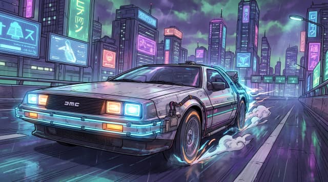 DeLorean DMC-12, едет по дороге, эпичный ракурс, горящие фары, шедевр, крупный план, стиль аниме с реалистичными деталями, киберпанк,