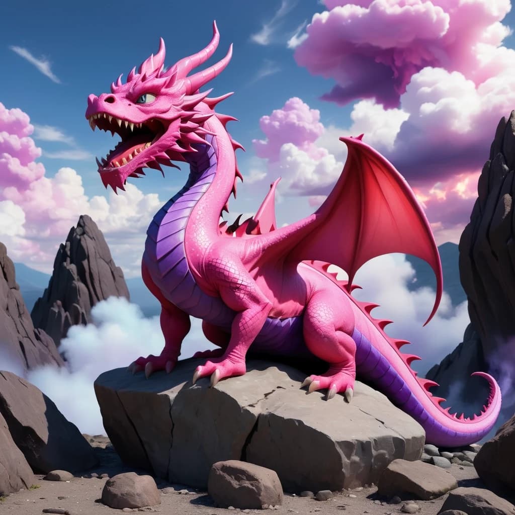 A pink dragon sitting on a rock. create a background: pink, lilac, purple, and blue clouds.
a red and black flame comes out of its mouth
