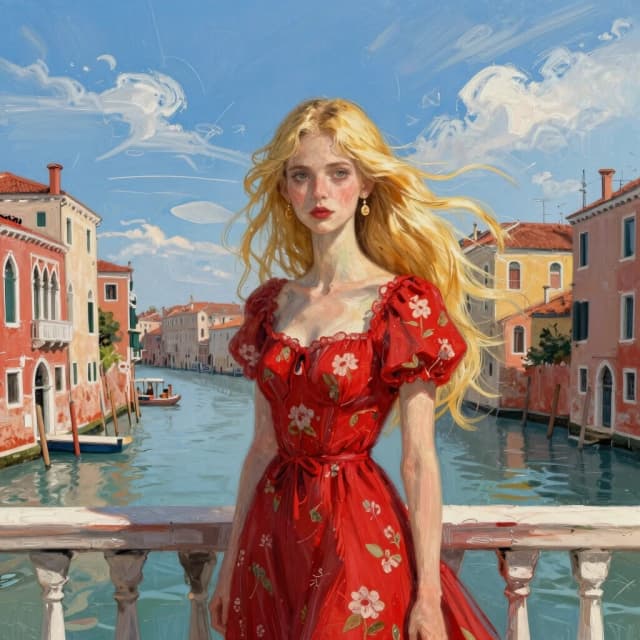 The image is a portrait of a young woman with long blonde hair. She is standing on a balcony overlooking a canal in Venice, Italy. The woman is wearing a red dress with a floral pattern and gold earrings. She has a serious expression on her face and is looking directly at the camera. The sky is blue with white clouds and the water is calm. The buildings on either side of the canal are painted in a variety of colors, including red, orange, and yellow. The overall mood of the image is peaceful and serene.