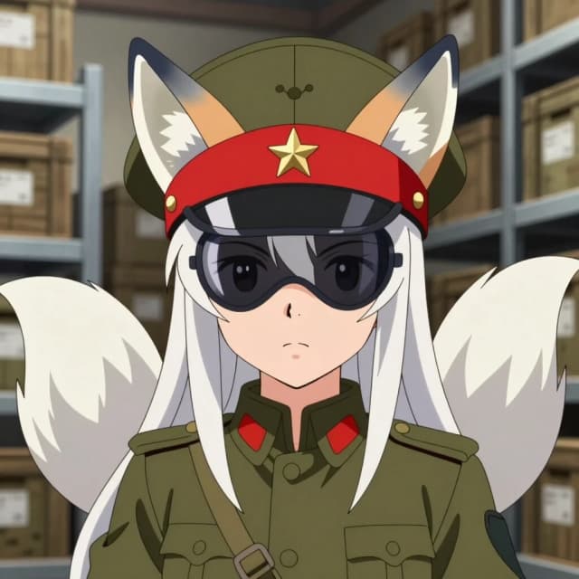 High-quality 2D anime illustration, a beautiful Kumiho anime-girl wearing a strict ((khaki olive-green Soviet military peaked hat with a stiff red band, black shiny plastic visor, and a small golden star pin in the front center:1.4)). Her furry white and silver fox ears pierce through the sides of the wide hat brim. She has long white hair. Behind her is one single large fluffy white and platinum-grey fox tail. She wears a plain olive-drab uniform jacket with shoulder straps. Background is a matching highly detailed 2D anime-style military supply warehouse with rows of wooden crates and shelves, uniform cohesive anime art style, vibrant colors, sharp focus.