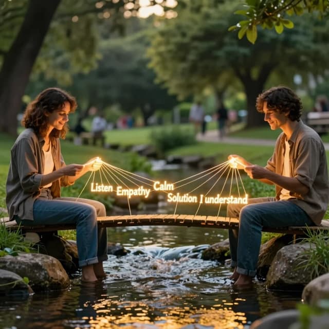 Cinematic photorealistic shot of two people sitting on opposite banks of a small, gentle stream in a peaceful green park at golden hour. Instead of arguing, they are both holding glowing, delicate threads of warm golden light, weaving them together to form a beautiful, luminous bridge across the water. On each thread, soft glowing words are visible: "Listen", "Empathy", "Calm", "Solution", "I understand". The bridge is almost complete, and both people are smiling gently, focused on their shared creation, not on winning.  Philosophical, hopeful, warm tones, emotional, symbolic, shallow depth of field, 8k, 4:5 aspect ratio.