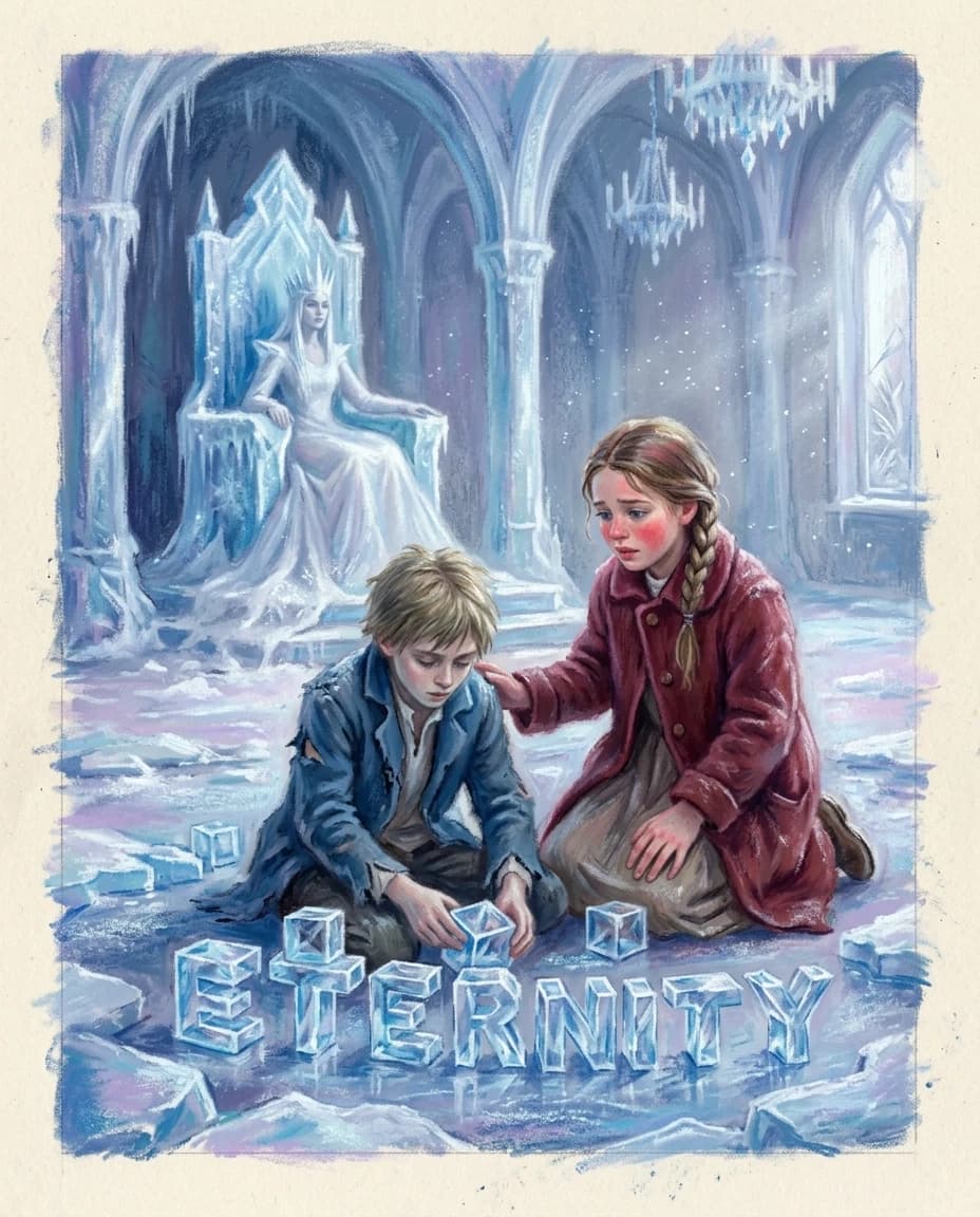 A real masterpiece. How artificial intelligence would depict:(Aesthetics: Impressionism. The image is made in pastel technique. The image of Gerda from the fairy tale "The Snow Queen" by Hans Christian Andersen. Gerda is in the ice castle of the Snow Queen. A boy named Kai, her brother, is sitting on the floor, putting a word on the floor out of ice cubes ("Eternity":1,8). In the background, the Snow Queen sits on an ice throne). Close-up. High resolution. High quality. Increased attention to small details. Hyperrealistic surrealist style, impressionism. Increased attention to the smallest details and texture of ice floes and snow. The author is Auguste Renoir, Mikhail Vrubel, Albrecht Durer.