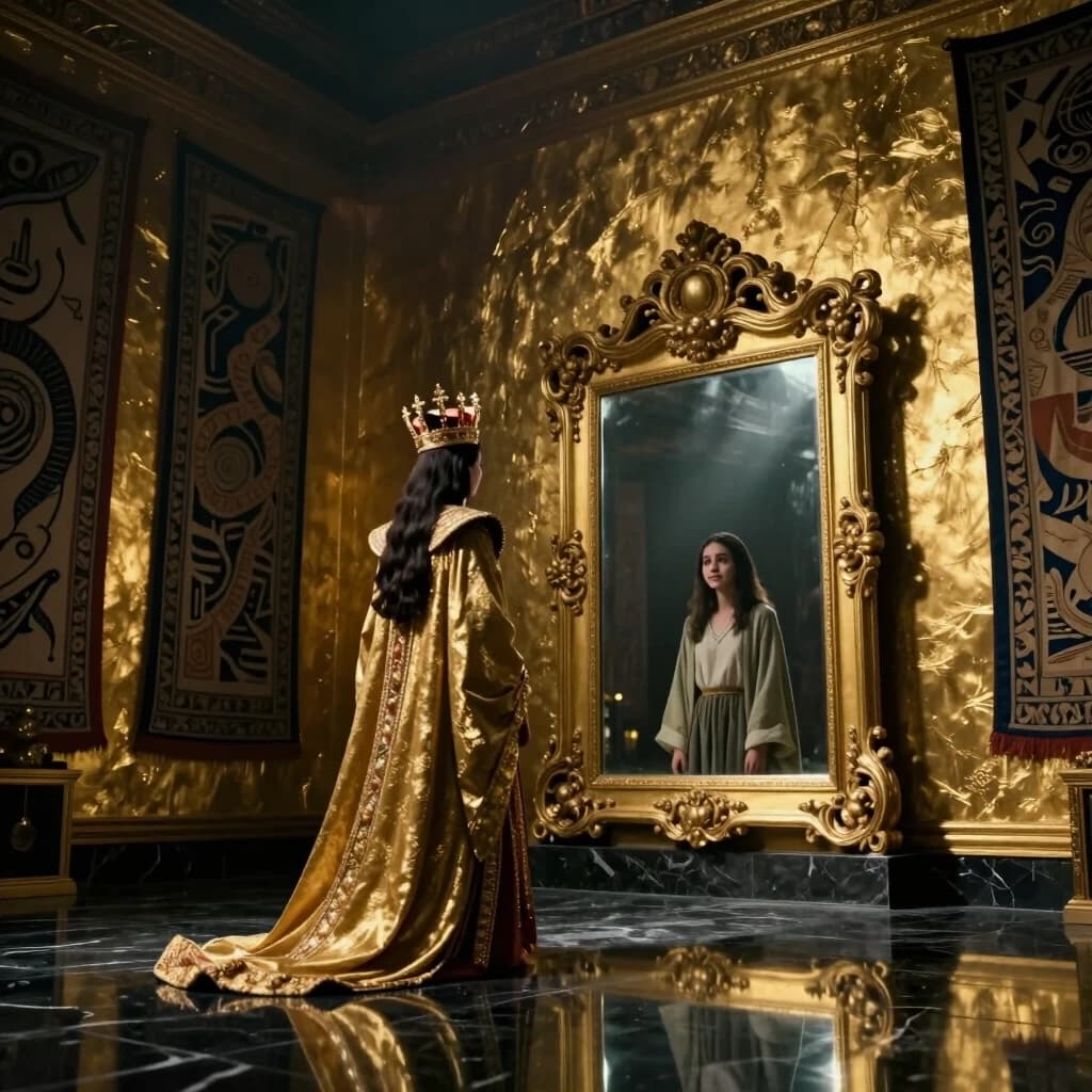 Cinematic conceptual portrait of a majestic emperor/empress in full imperial regalia, standing alone in a vast, dimly lit chamber with walls covered in gold leaf and ancient tapestries. They are facing a gigantic ornate mirror in a heavy golden frame. However, the reflection in the mirror does not show them in their crown and robes. Instead, the reflection shows a younger, simpler version of themself, dressed in plain clothes, looking back with a sad, knowing smile — representing the person they lost on the way to power. The floor is polished black marble, perfectly reflecting the golden room. The upper part of the image is a dark, empty wall with a single soft ray of light, providing ample negative space for event text. Surreal, dramatic, melancholic, philosophical, contrast between gold and shadow, photorealistic, 8k, shallow depth of field, 4:5 aspect ratio.