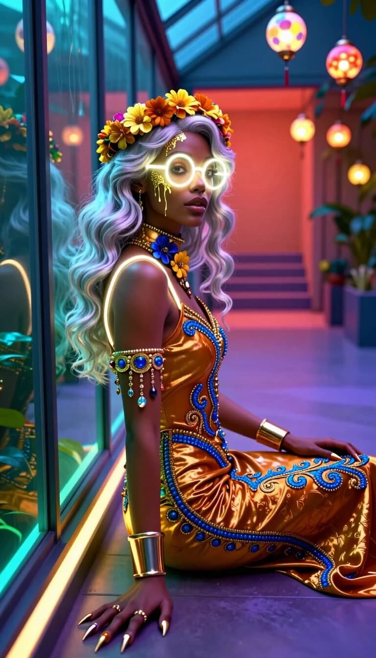 Hyperrealistic cinematic CGI render, the subject seated on the floor with her back against a wall and knees drawn up, dutch tilt of roughly ten degrees, 24mm wide lens close and looming, medium depth so the room reads but stays soft, UV violet key frontal and on-axis, bounced almost shadowless, cool cyan ambient fill, a hot white separation edge along one shoulder, strung candy-coloured orb lanterns burning in frame.
Flawless deep umber skin, silver-white loose waves, lips just parted as if breath were held, head turned back over the shoulder toward camera, eyes sharp and present behind round frames of glowing neon tube. Molten gold paint runs in filigree rivulets down the temple and jaw. A dense garland crown rings her head, a continuous band of clustered rounded blooms. Her fitted slip dress is amber metallic brocade, dense with raised embroidery and applied beadwork in electric blue, gold filigree scrollwork tracing every edge, worn over a high-necked long-sleeved underdress of the same amber brocade. Chunky enamel flowers on a ribbon at the throat, long chandelier drops set with cabochons, jeweled fingertip claws, a wide polished cuff on the upper arm.
A glass conservatory of overgrown planting with indigo-black glazing bars, baseboard neon runners pooling amber and cobalt up off the floor. Beyond, a long tunnel striped in parallel neon lines fading to coral-scarlet haze, incense smoke hanging in flat layers.
Steps: 8, CFG scale: 1, Sampler: euler_beta, Seed: 7622052661960234, VAE: FLUX1\ae.safetensors, Model: krea2_turbo_fp8_scaled.safetensors, width: 1672, height: 1256, Model hash: eb4dd8c612