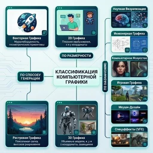Сгенерировать  схему классификации видов компьютерной графики. Обязательно с графическими примерами самих изображений. Надо сгенерировать схему разных компьютерных график с примерами изображений на каждую графику сделай как схему. Названия напиши на русском