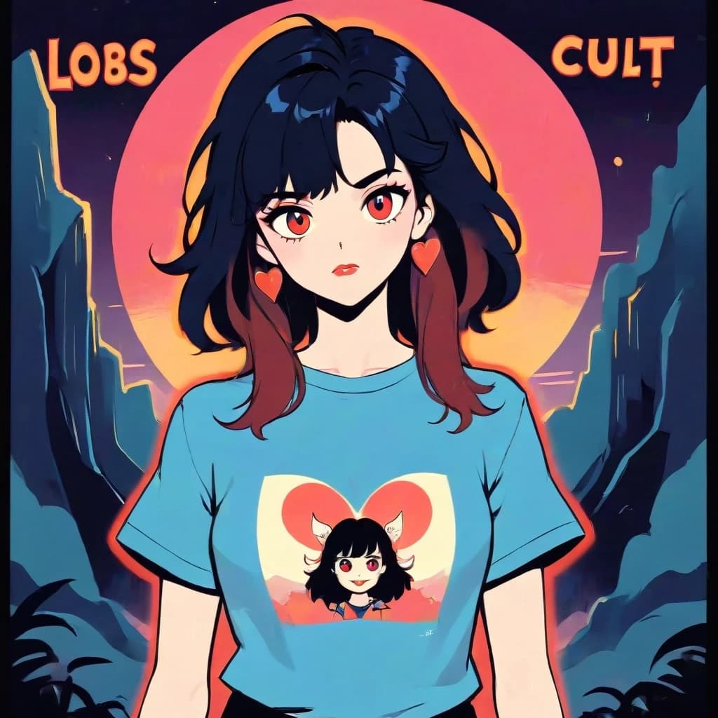 Retro 1980s dark fantasy cartoon illustration, cult t-shirt graphic style. Flat frontal lighting, bold outlines, reduced color palette, minimal shading, subtle grain, screen-print texture. Iconic, cartoonish, absurdly romantic, vintage fantasy paperback vibe, cult-character aesthetic. Los Angeles collaboration