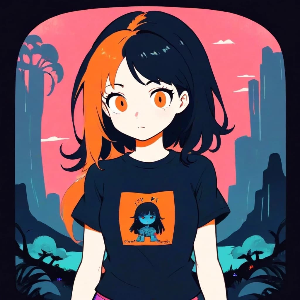 Retro 1980s dark fantasy cartoon illustration, cult t-shirt graphic style. Flat frontal lighting, bold outlines, reduced color palette, minimal shading, subtle grain, screen-print texture. Iconic, cartoonish, absurdly romantic, vintage fantasy paperback vibe, cult-character aesthetic. Los Angeles collaboration