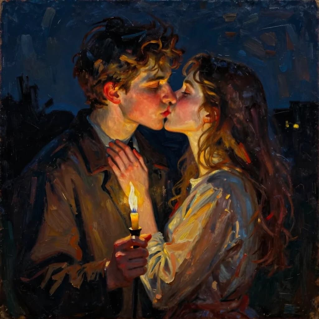 Oil painting, romance, first kiss, a 20-year-old boy and an 18-year-old girl, night, lighting like from a candle or torch, dark background, Daniel Gerhartz style