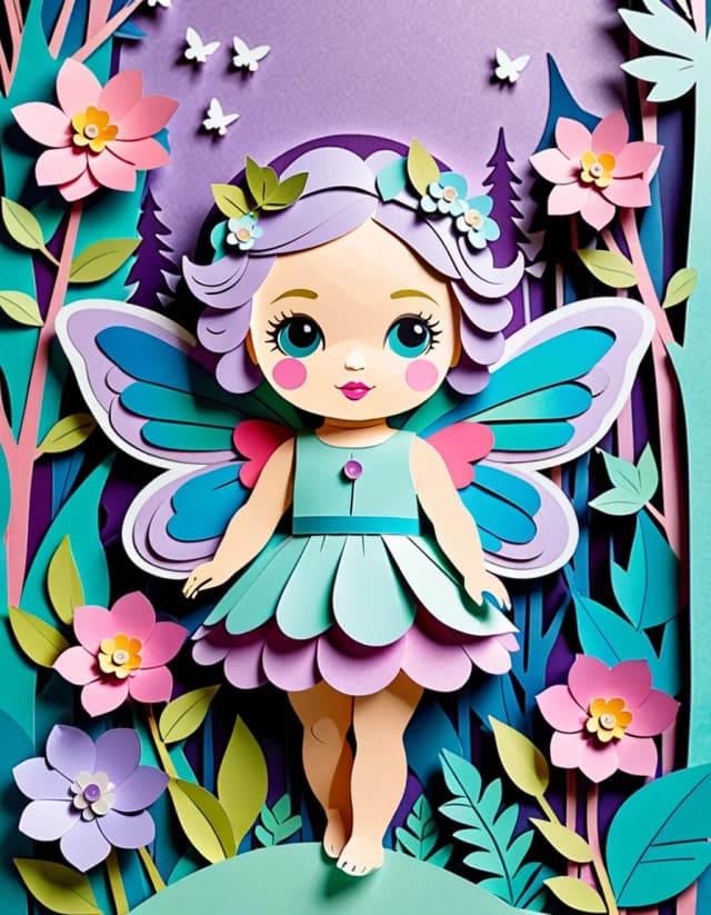 A masterpiece.  Image. Three-dimensional multi-layered paper cutout depicting a baby doll-style fairy on a flower with clear facial features and expressive eyes against a forest background, multi-layered paper work, a bright palette of lilac, pink, turquoise and shades of blue, high detail, clear edges, clear paper textures, soft shadows between layers, three-dimensional composition, 3D depth, studio lighting, author's style, 8k resolution. High detail and clear texture. High quality. Increased attention to small details. The artist is Russ Mills.