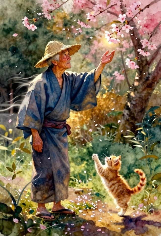 Digital painting style, oil and watercolor blend, rich deep colors with visible brushstrokes and soft edges. An elderly gardener in a worn straw hat and faded blue kimono stands in a windswept garden, his face etched with quiet determination. His quest: to find the last falling cherry blossom petal before it touches the ground—legend says it will grant him one true wish and change his fate. He’s reaching up with one gnarled hand, his eyes full of gentle hope and a hint of desperation.

Right at his feet, a tiny fluffy orange kitten is leaping into the air, tiny claws outstretched, trying to catch the same petal. The kitten’s leap is slightly too high and comically off-balance, as if it believes it’s the real hero of the story.

Wide composition with a shallow depth of field: the gardener and the kitten are in sharp focus, while the garden fades into a painterly blur of pink, green, and gold. The wind is captured with soft brushstroke motion on the leaves and the kimono fabric. Warm golden sunlight filters through the trees, creating long shadows and glowing highlights on the petal and the kitten’s fur. Color palette: warm ochre, deep forest green, soft pink, and burnt sienna. Mood: quiet magic, gentle humor, bittersweet hope.

Technical: visible brushstroke texture, wet-on-wet watercolor blending, oil glazing effect for depth, subdued but saturated colors, soft edges with sharp focal points, floating cherry blossoms and dust motes for volume, hyper-detailed fur texture on the kitten.