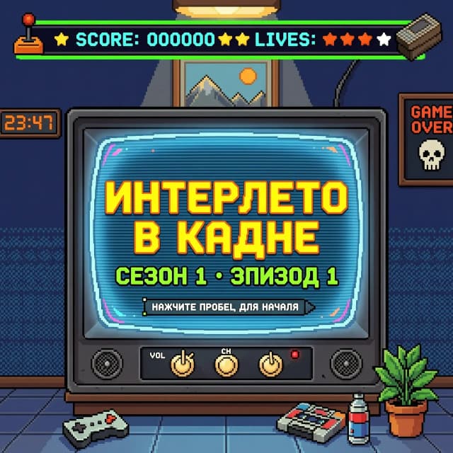 постер с надписью "ИНТЕРЛЕТО В КАДРЕ", стиль 8битных игр, надпись на экране телевизора