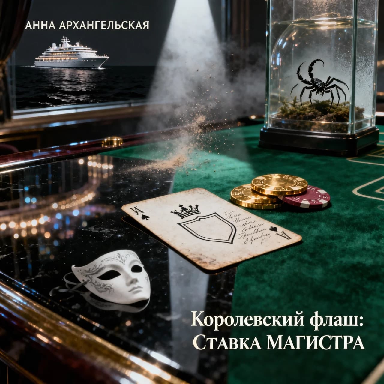 Premium A5 book cover for a detective thriller, vertical orientation. Cinematic realism, hyper-detailed photorealism. 

Composition: A macro close-up shot of a professional poker table covered in deep emerald-green felt. In the center, a single, slightly worn playing card—a "White King" without a suit, featuring a minimalist crown contour and an empty shield. The card is textured, with faint, handwritten script visible through the paper as light bleeds through it. Beside the card lie two or three high-end casino chips and a sharp, thin crack of light cutting through the darkness, like a focused spotlight. 

In the polished, dark reflection of the table's surface, there is a ghostly, sophisticated white masquerade mask and the blurred, bokeh lights of Monte Carlo. In the upper corner, subtly out of focus behind frosted glass, a small, elegant terrarium reveals the faint, non-grotesque silhouette of a scorpion. In the far distance, visible through a window, a magnificent, glowing modern cruise liner glides on the dark sea.

Atmosphere: Cold luxury, intellectual tension, and an impending sense of threat. A light haze hangs in the air with microscopic dust particles dancing in a single dramatic light beam.

Color Palette: Deep obsidian black, rich emerald green, polished gold, subtle blood-burgundy accents, and sharp silver highlights.

Typography (Russian language only):
Top: "АННА АРХАНГЕЛЬСКАЯ"
Королевский флеш:
СТАВКА МАГИСТРА
